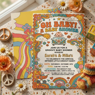Convites Chuva de Bebê Groovy Retro Anos 70 Hippie Daisy Ôn