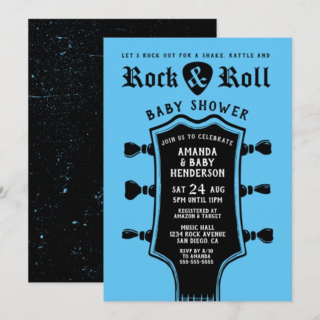 Convites Chuva de Bebê Guitarra de Rock and Roll Baby Blue (Frente/Verso)