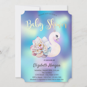 Convites Chuva de Bebê Holográfica de Cisne Floral Fofa