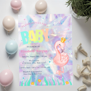 Convites Chuva de Bebê Holográfica Flamingo Elegante