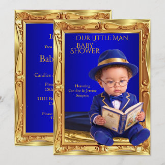 Convites Chuva de Bebê Homemzinho Fofo Livro Azul Dourado