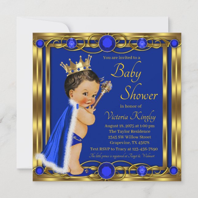 Convites Chuva de Bebê Joia Príncipe Azul Real Elegante Dou (Frente)