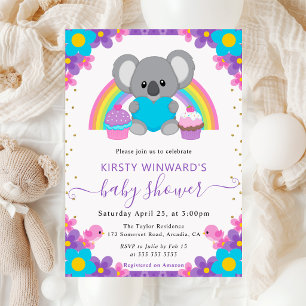Convites Chuva de Bebê Koala Arco-íris Floral Aquarela
