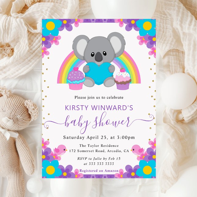 Convites Chuva de Bebê Koala Arco-íris Floral Aquarela (Criador carregado)