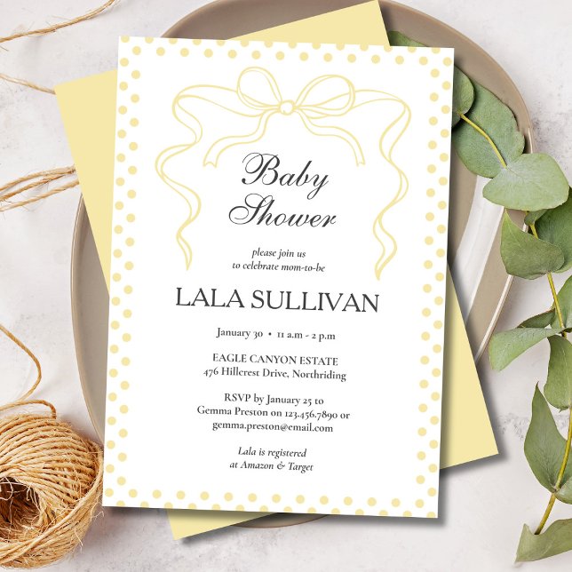 Convites Chuva de Bebê Laço Coquette com Bolinhas Amarelas (Yellow Polka Dot Coquette Bow Baby Shower Invitation)
