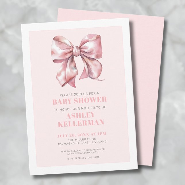 Convites Chuva de Bebê Laço Rosa Bege (Watercolor Pink Bow Baby Shower Invitation)