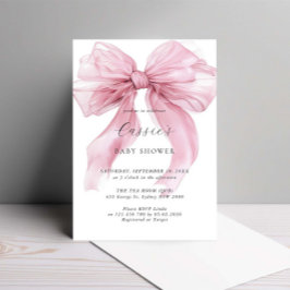 Convites Chuva de Bebê Laço Rosa em Aquarela