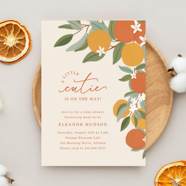 Convites Chuva de Bebê Laranja Citrino Fofo (a little cutie is on the way - citrus oranges baby shower invitation)