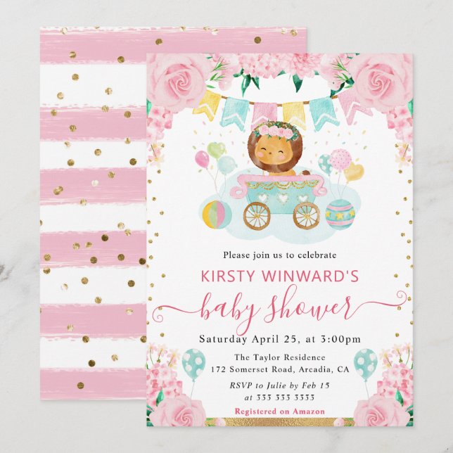 Convites Chuva de Bebê Leão com Flores Rosa em Aquarela (Frente/Verso)