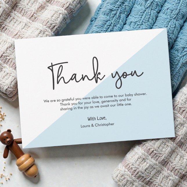 Convites Chuva de Bebê Letreiro Moderno Azul obrigado (Modern script handlettering thank you with custom message. Baby boy  blue shower thank you cards.)