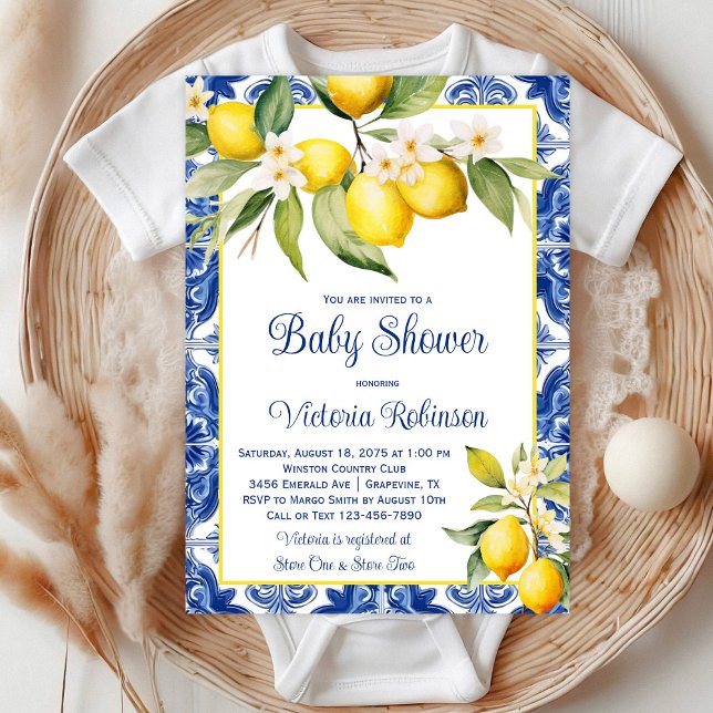 Convites Chuva de Bebê Limão Azulejo Mediterrâneo (Beautiful blue tile and lemon baby shower invitation. )
