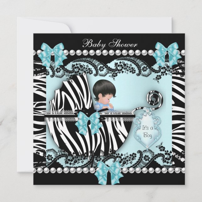 Convites Chuva de Bebê Lindo Bebê Menino Azul Zebra Renda (Frente)