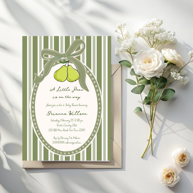 Convites Chuva de bebê listras retrô verde sage pera (Pear vintage sage green retro stripes preppy baby shower invitation cards template)