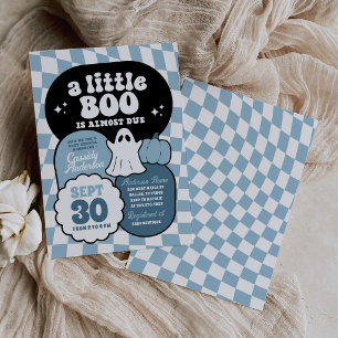 Convites Chuva de Bebê Little Boo Azul com Xadrez Retrô