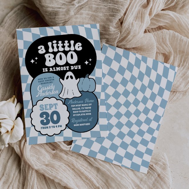Convites Chuva de Bebê Little Boo Azul com Xadrez Retrô (Criador carregado)