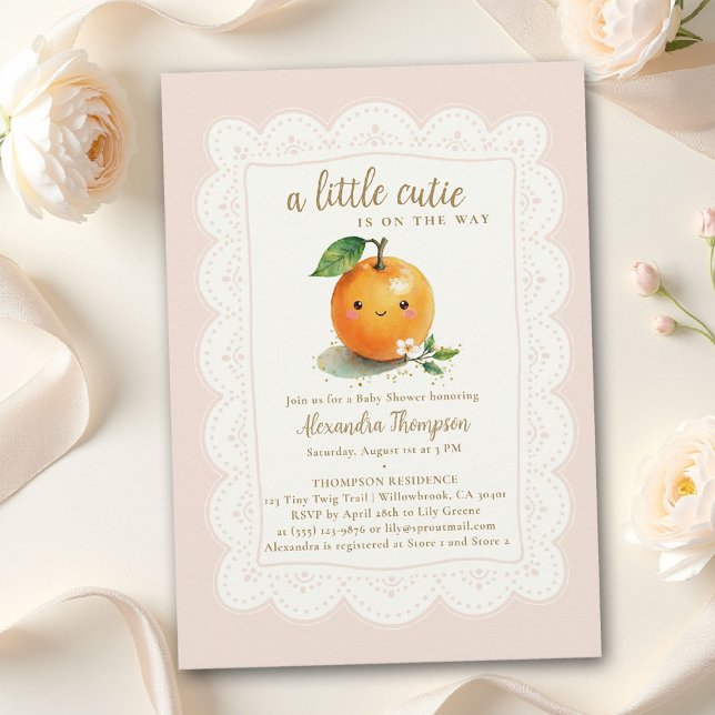 Convites Chuva de Bebê Little Cutie Aquarela Laranja Blush (little cutie orange theme baby shower invitation citrus watercolor floral scallops modern blush cute)