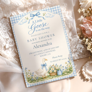 Convites Chuva de Bebê Little Goose Azul Xadrez