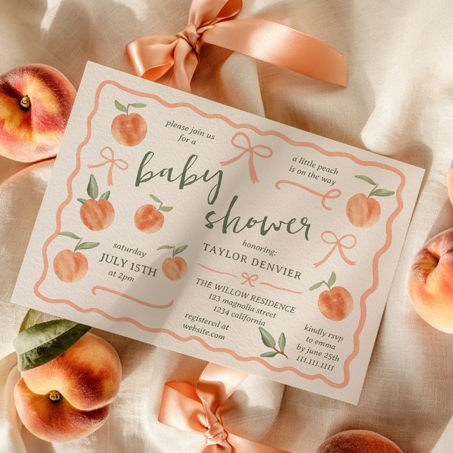 Convites Chuva de Bebê Little Peach Retro Mão Pintada Neutr (Little Peach Retro HandPainted Neutral Baby Shower Invitation)