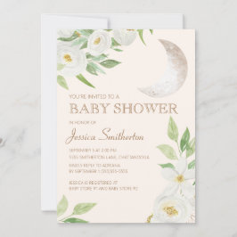 Convites Chuva de Bebê Lua Branca Floral Folhas Verdes