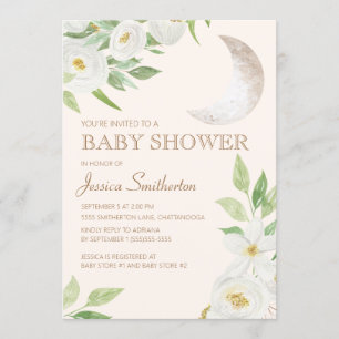 Convites Chuva de Bebê Lua Branca Floral Folhas Verdes