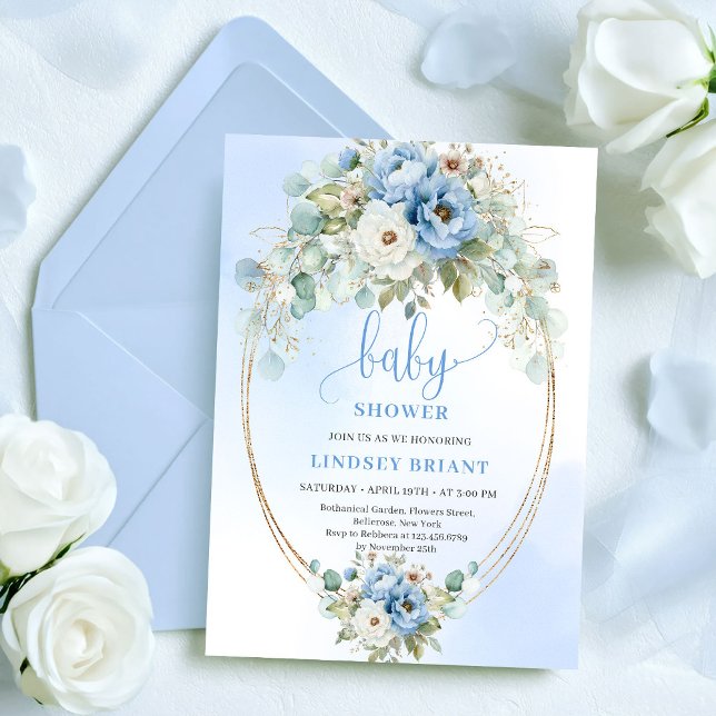 Convites Chuva de Bebê Luxo Boho Azul Poento Verde Dourado (Luxury Boho Dusty Blue Greenery Gold Baby Shower)