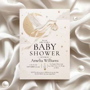 Convites Chuva de Bebê Luxo Dourado Cegonha Celestial Lua