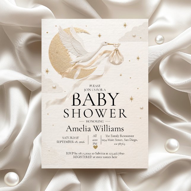 Convites Chuva de Bebê Luxo Dourado Cegonha Celestial Lua (Criador carregado)