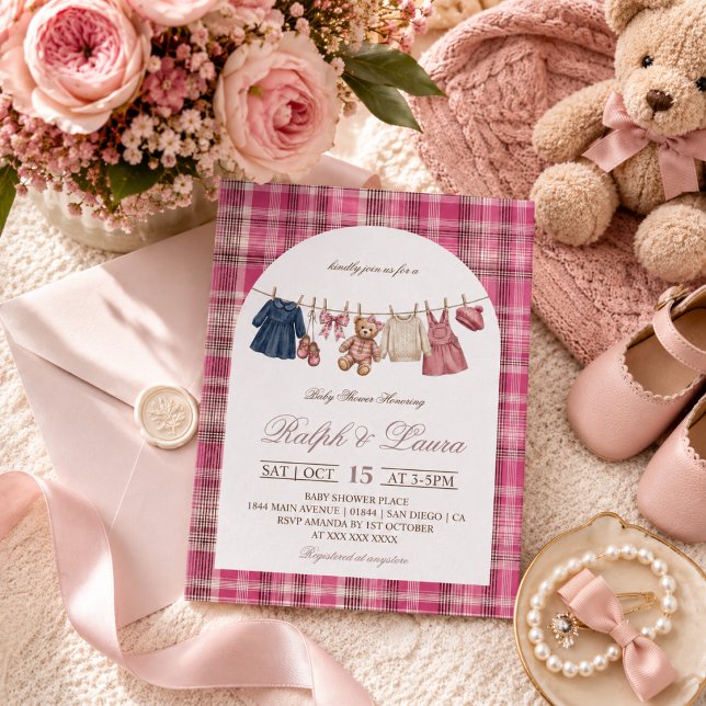 Convites Chuva de Bebê Luxuosa Vintage Urso Rosa Xadrez (Criador carregado)