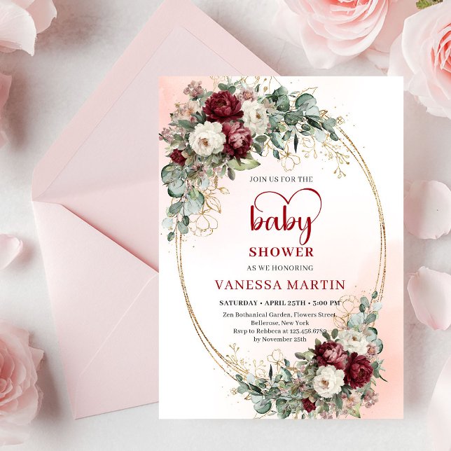 Convites Chuva de Bebê Marrom Floral Dourado Boho Moderno (Trendy Maroon Floral Gold Accent Baby Shower Invite

)
