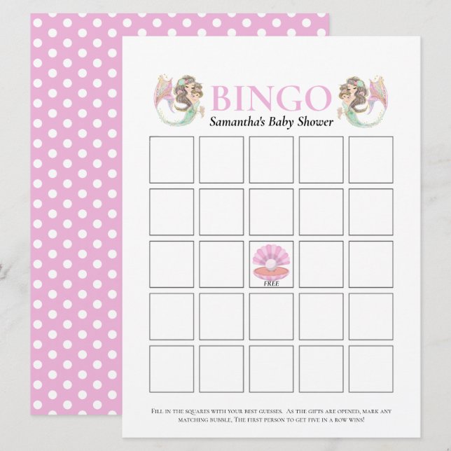Convites Chuva de Bebê Marrom Sereia Bingo Sob o Mar Rosa (Frente/Verso)
