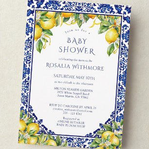 Convites Chuva de Bebê Mediterrâneo Limão com Azulejos Azui