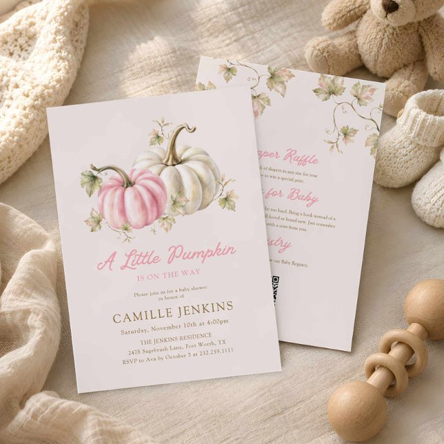 Convites Chuva de Bebê Menina Abobrinha em Aquarela (Sweet Autumn Pumpkin Baby Shower Invite)
