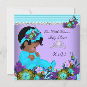 Convites Chuva de Bebê Menina Afro-Americana Azul Teal Roxo