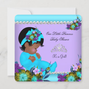 Convites Chuva de Bebê Menina Afro-Americana Azul Teal Roxo
