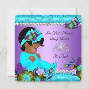 Convites Chuva de Bebê Menina Afro-Americana Azul Teal Roxo