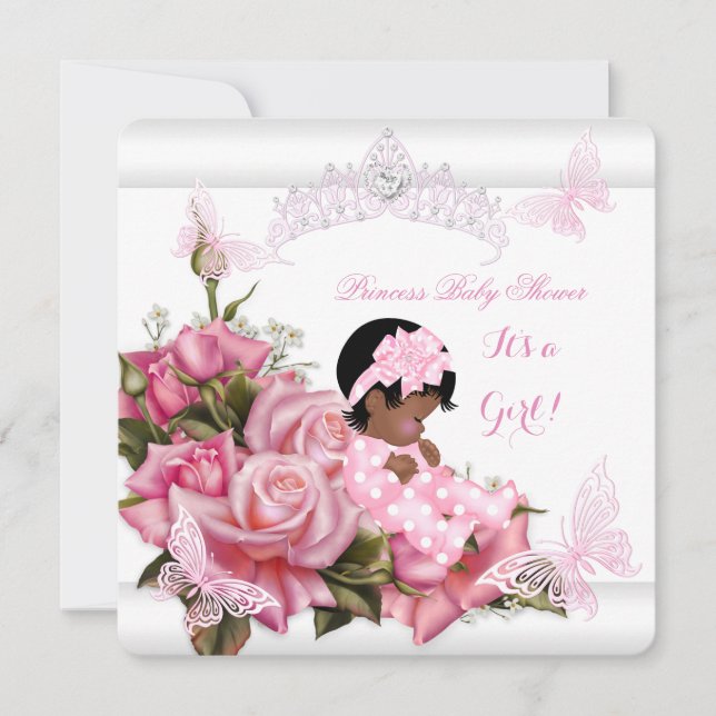 Convites Chuva de Bebê Menina Afro-Americana Borboleta Rosa (Frente)