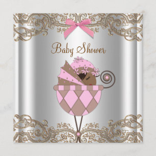 Convites Chuva de Bebê Menina Afro-Americana com Renda Rosa