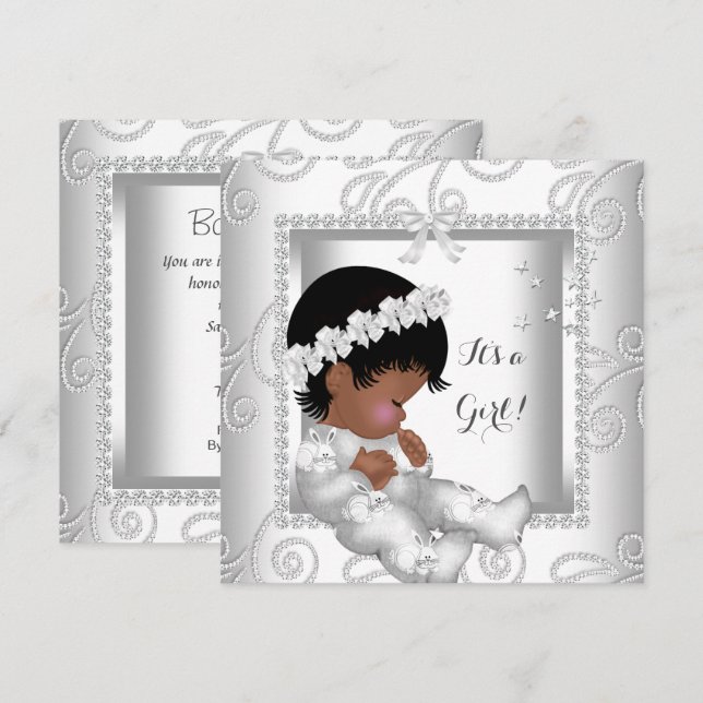 Convites Chuva de Bebê Menina Afro-Americana Diamante Branc (Frente/Verso)