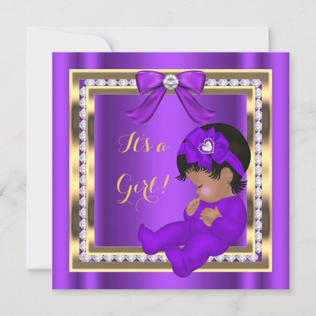 Convites Chuva de Bebê Menina Afro-Americana Diamante Roxo (Frente)