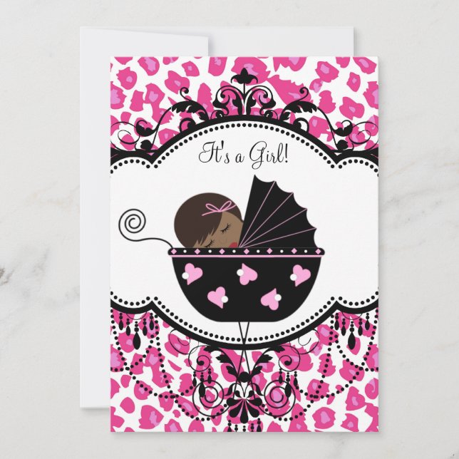 Convites Chuva de Bebê Menina Afro-Americana Leopardo Rosa  (Frente)