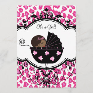 Convites Chuva de Bebê Menina Afro-Americana Leopardo Rosa