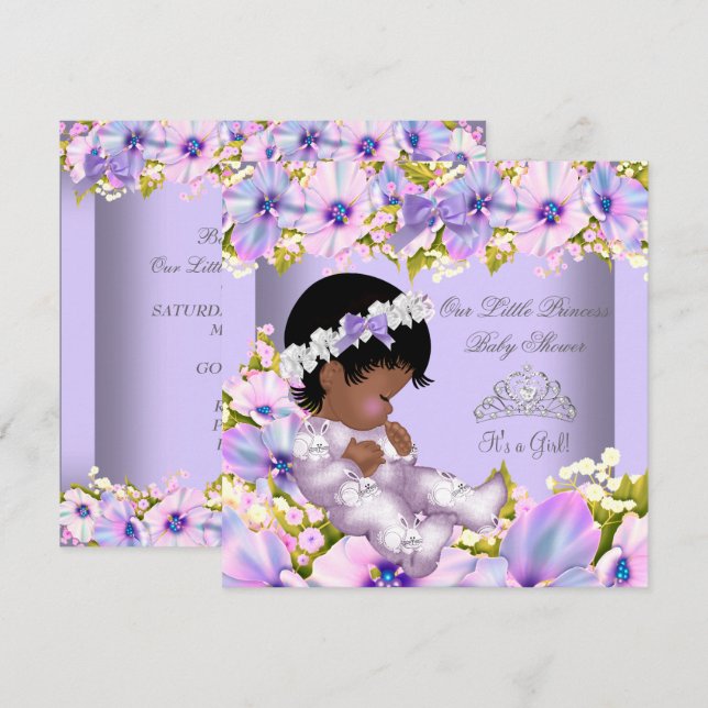 Convites Chuva de Bebê Menina Afro-Americana Princesa Roxa (Frente/Verso)