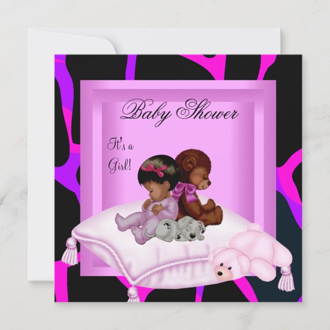 Convites Chuva de Bebê Menina Afro-Americana Rosa (Frente)