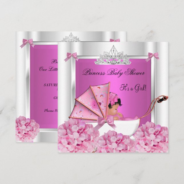 Convites Chuva de Bebê Menina Afro-Americana Rosa (Frente/Verso)