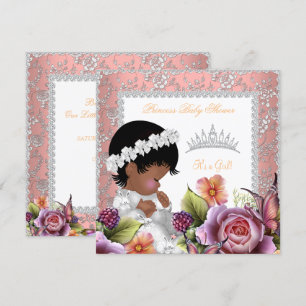Convites Chuva de Bebê Menina Afro-Americana Rosa Coral