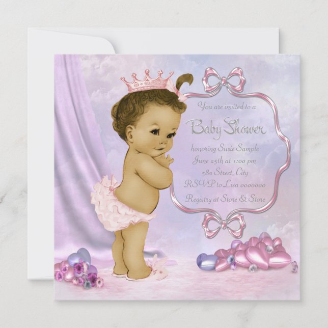 Convites Chuva de Bebê Menina Afro-Americana Rosa e Roxa (Frente)