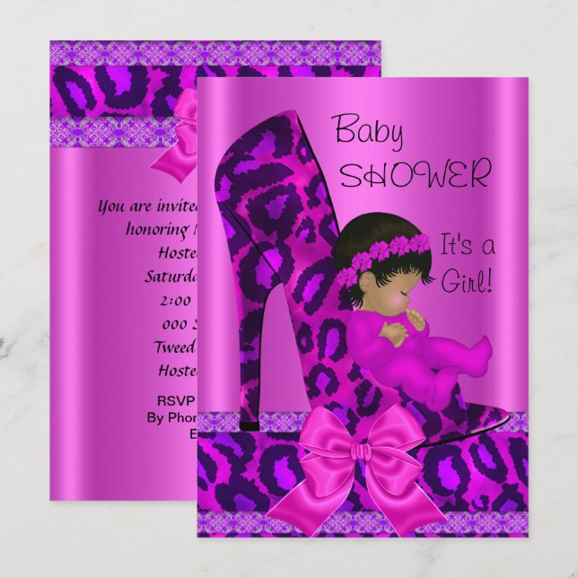 Convites Chuva de Bebê Menina Afro-Americana Rosa Leopardo (Frente/Verso)