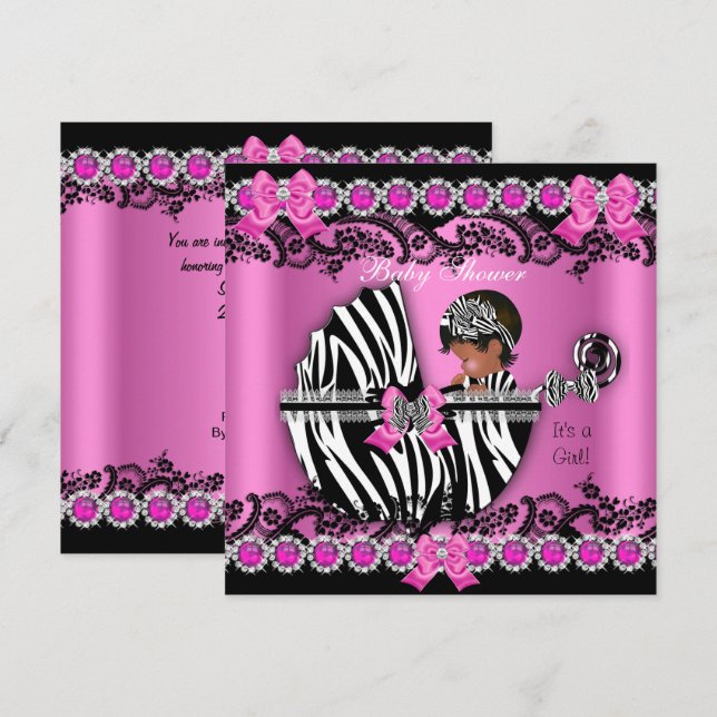 Convites Chuva de Bebê Menina Afro-Americana Rosa Zebra Car (Frente/Verso)