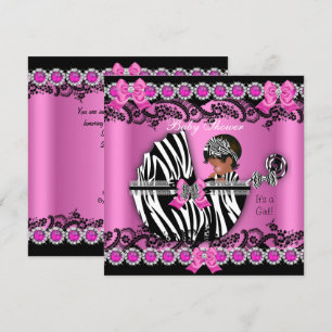 Convites Chuva de Bebê Menina Afro-Americana Rosa Zebra Car