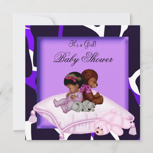 Convites Chuva de Bebê Menina Afro-Americana Roxa (Frente)